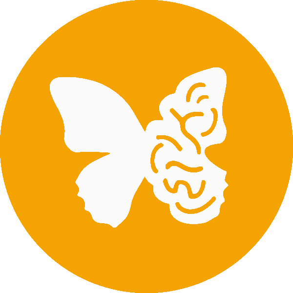 Button: Ist KI kreativ? Der Button zeigt einen Schmetterling, der zur Hälfte ein Gehirn ist.