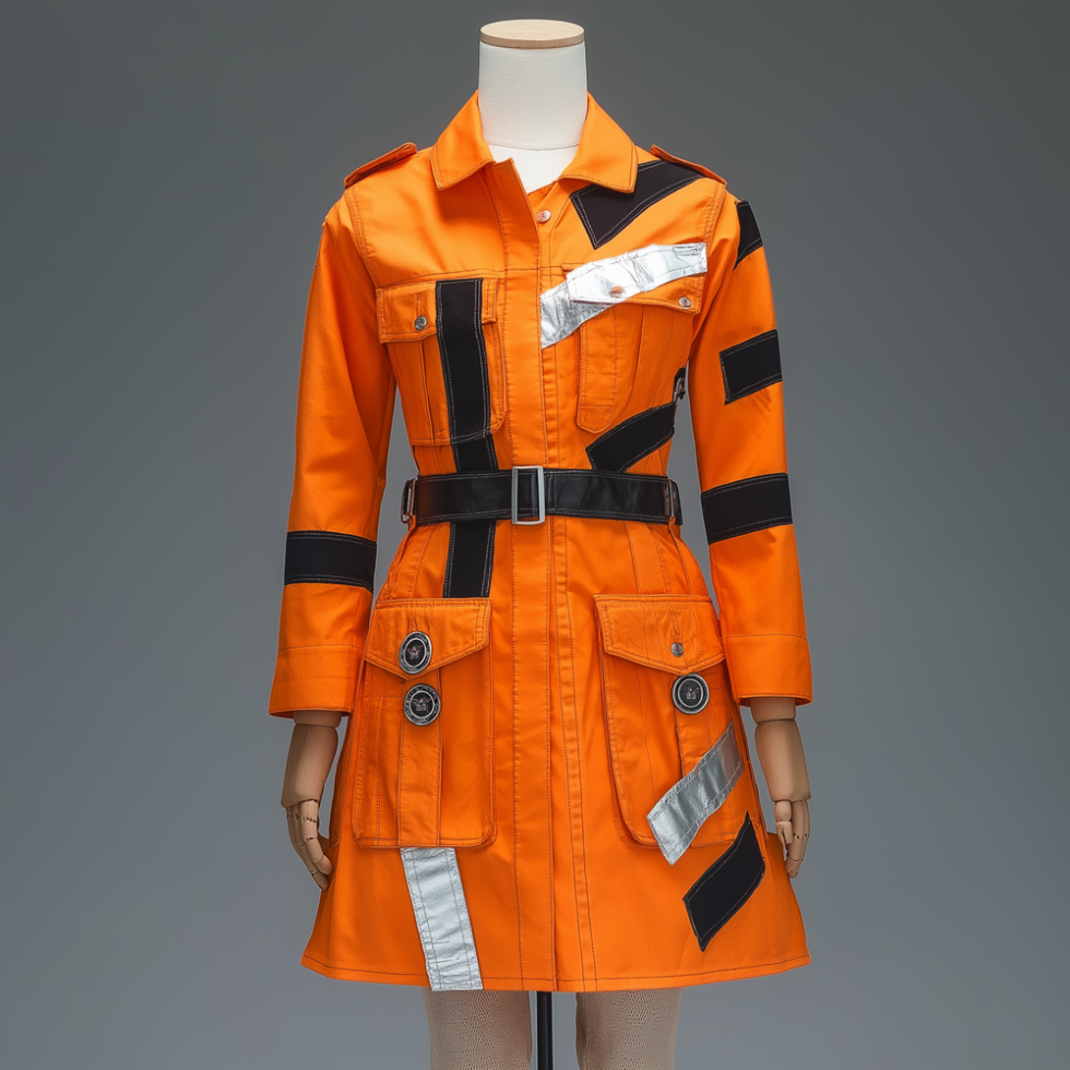 KI genereriertes körperbetontes Kleid in orange schwarz als Postuniform