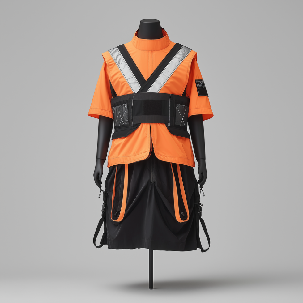 KI genereriertes Kleid mit großer Schnalle in orange schwarz als Postuniform