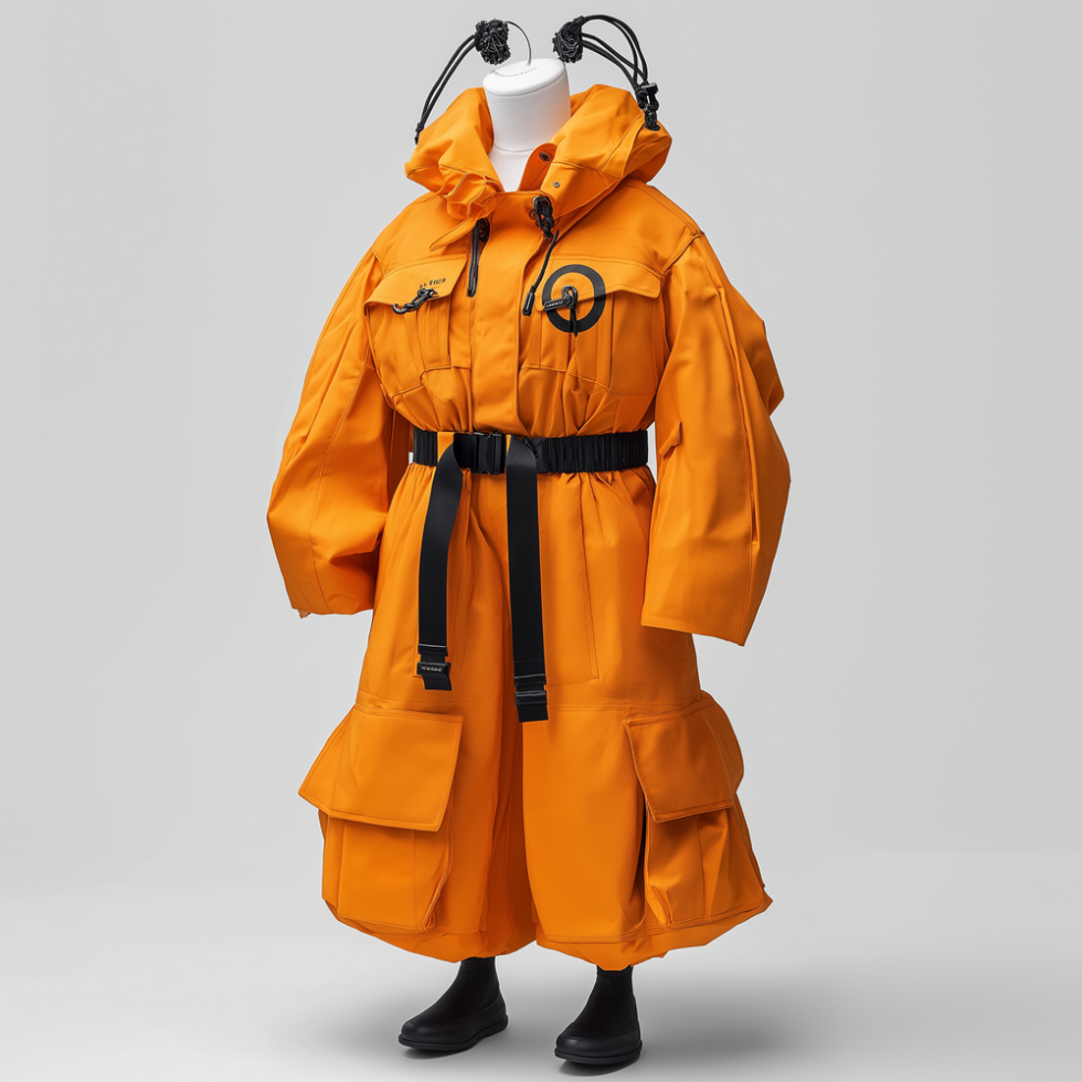 KI generierter Ganzkörper Anzug in orange als Postuniform