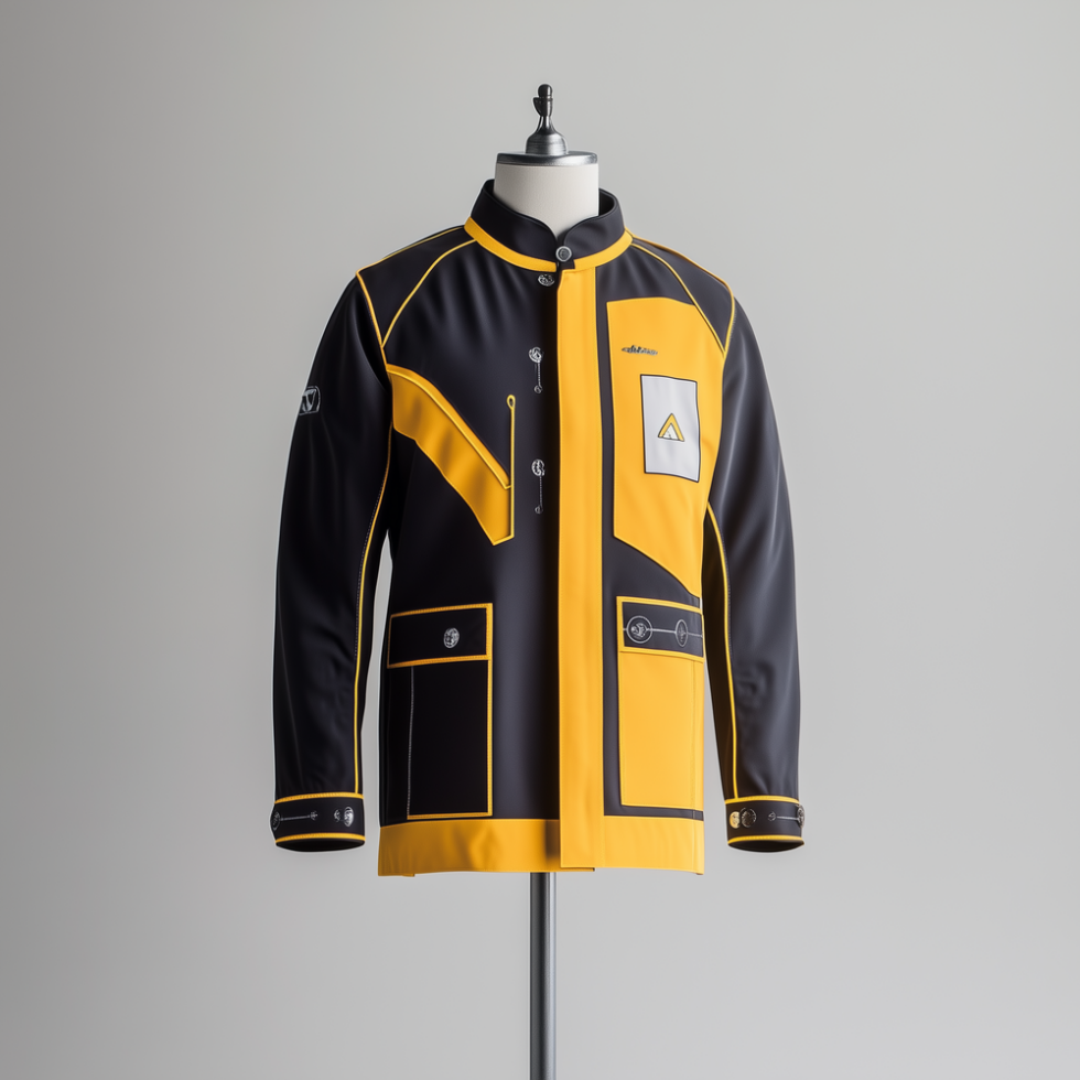 KI genererierte Lederjacke als Postuniform in schwarz gelb