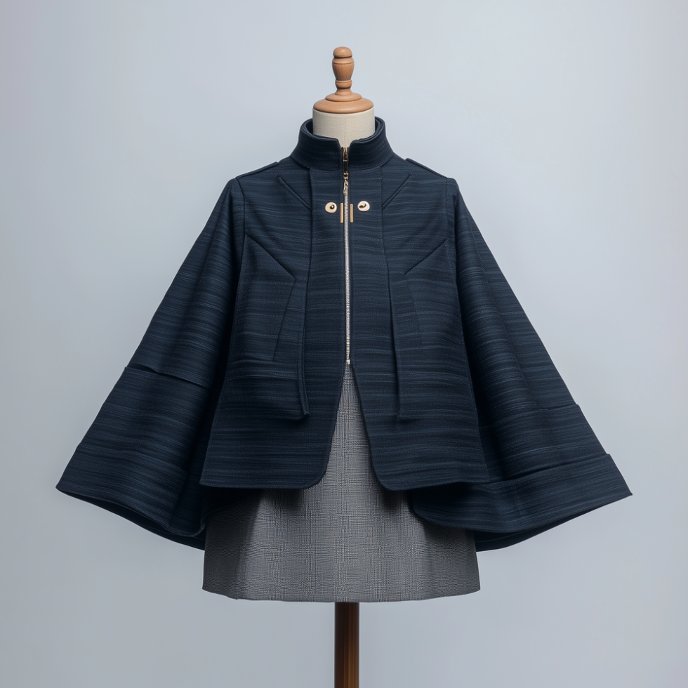 KI genererierter Poncho in dunkelblau gestreift als Postuniform