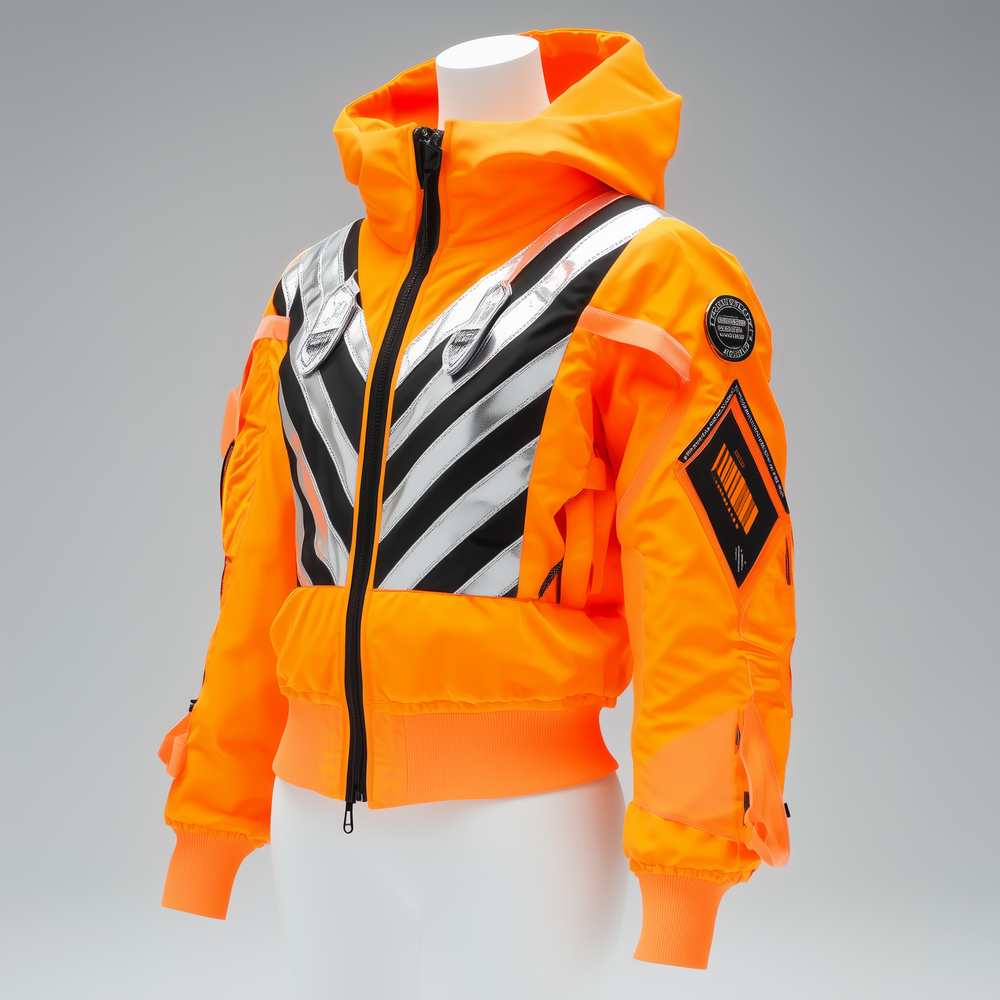 KI genererierte Windjacke in knallorange und silberschwarzen Streifen als Postuniform