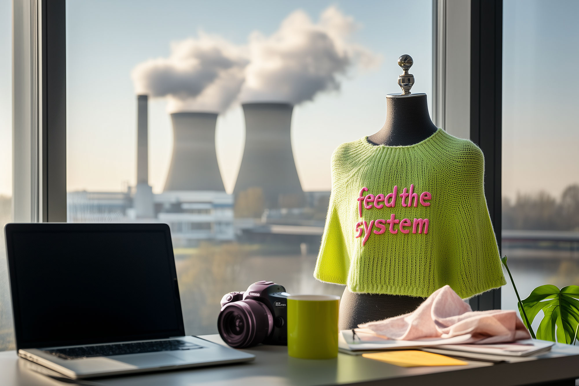 Schreibtisch in einer Moderedaktion. Schneiderbüste mit neongrünem Strickpulli, auf dem "Feed the System" steht. Hinter dem Fenster Kühltürme eines Atomkraftwerks.